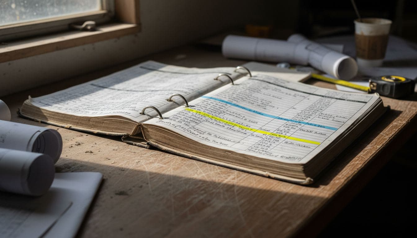 Worn contractor cost ledger open on job site trailer desk with yellow highlighted line items