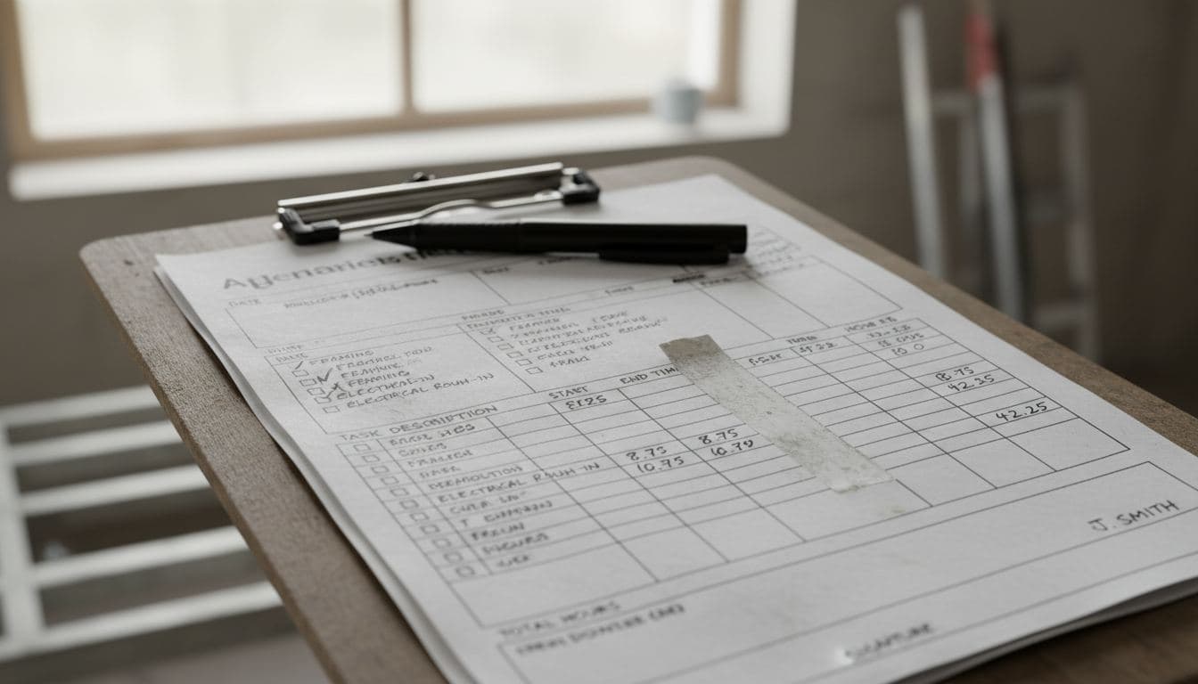 Contractor labor timesheet on a clipboard with hours filled in on a job site
