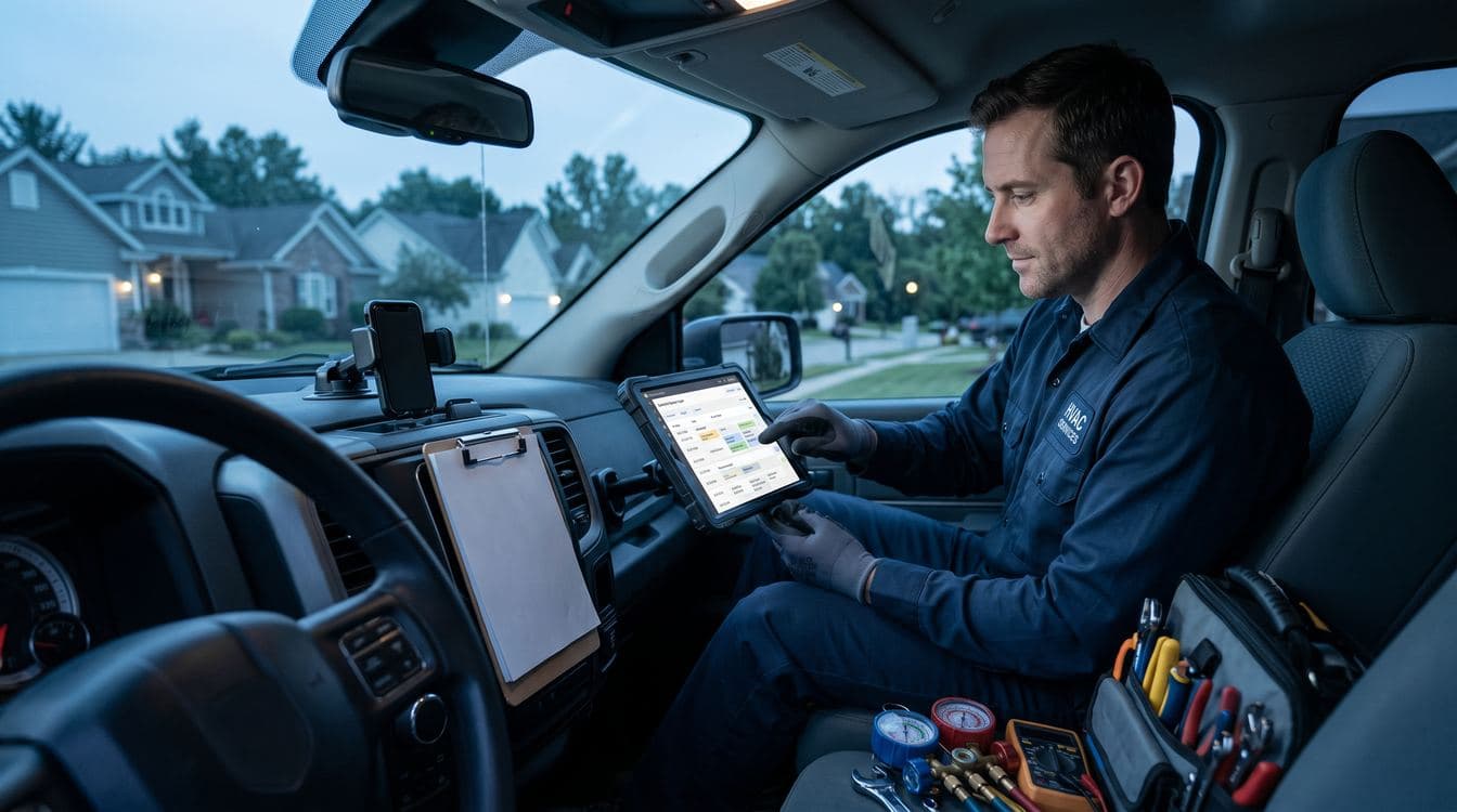 HVAC service technician inside the cab of a branded service truck at dawn, reviewing the day's preventive maintenance schedule on a dashboard-mounted ruggedized tablet, with a suburban neighborhood visible through the windshield.
