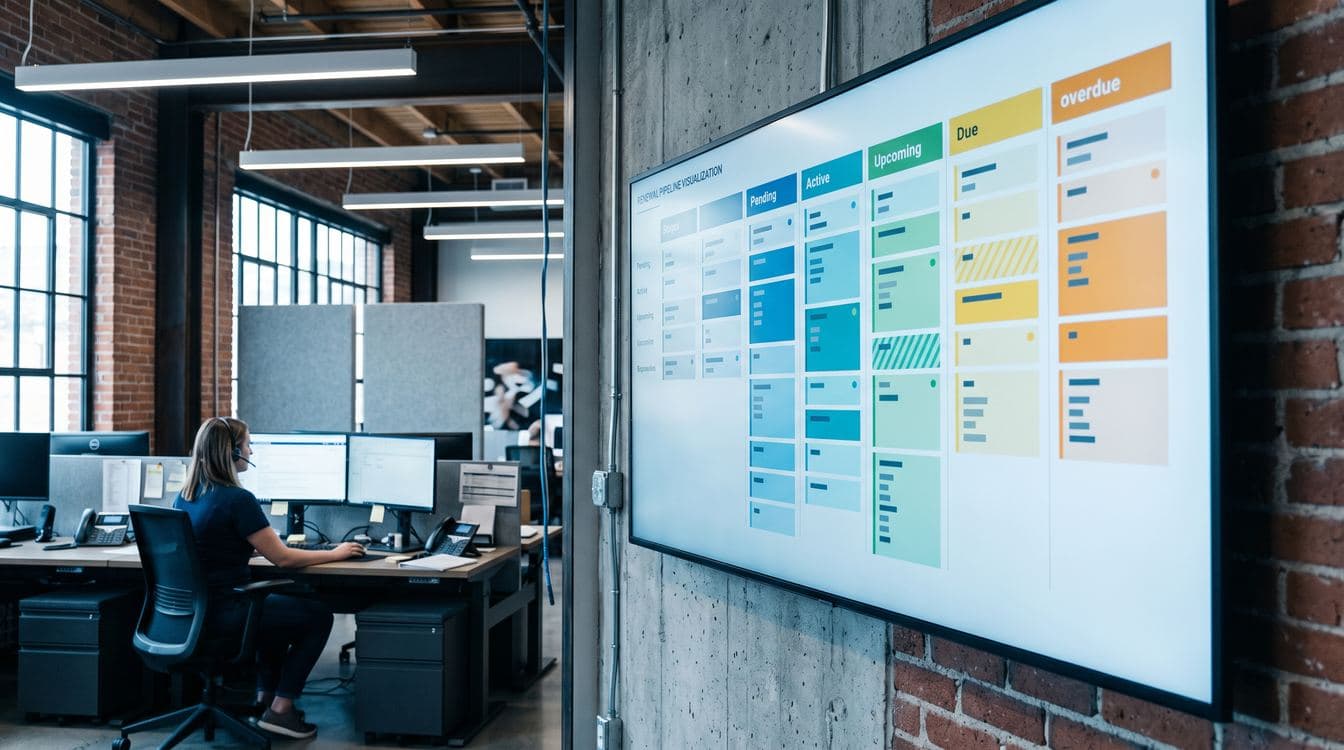 Wall-mounted operational dashboard inside a modern HVAC contractor's office showing a service agreement renewal pipeline with color-coded customer account statuses, viewed from a side angle with a customer service rep at her workstation in the background