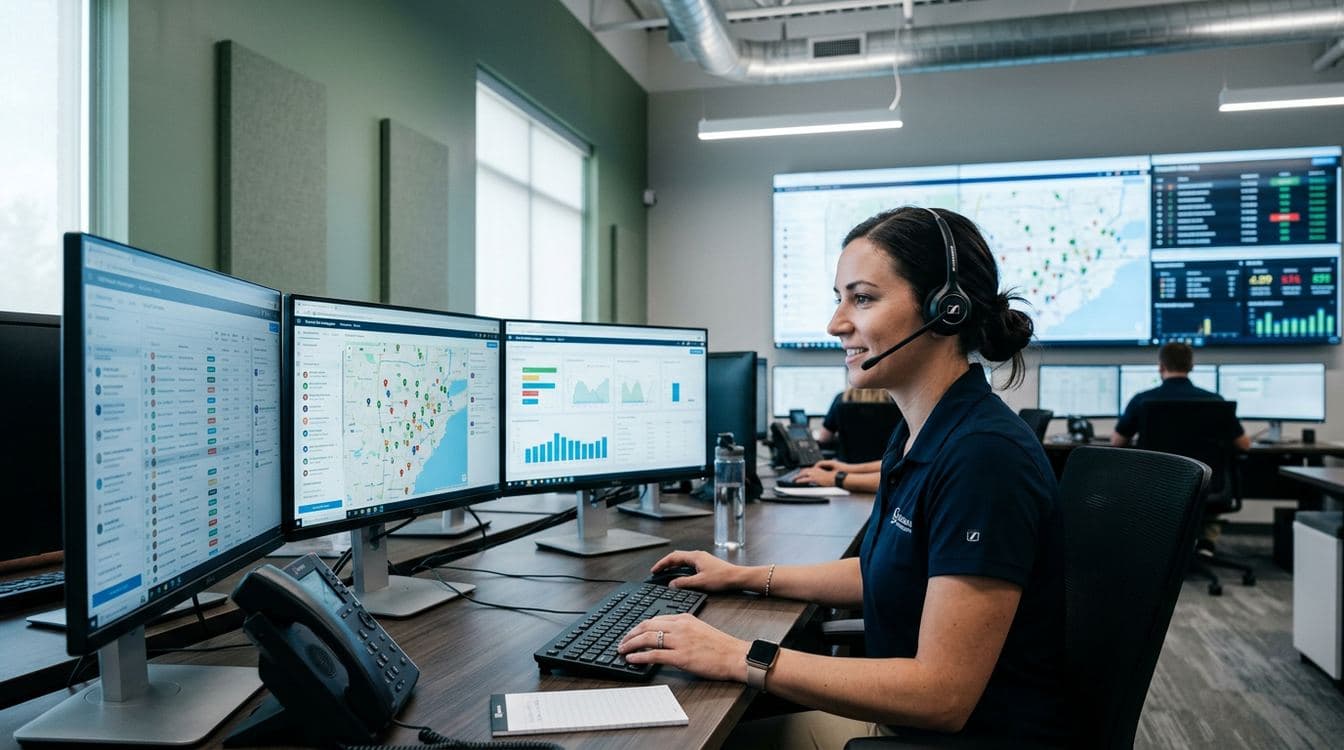 Mid-market plumbing dispatcher reviewing weekly per-technician average ticket and Good-Better-Best presentation rates on a multi-monitor operations dashboard in a contemporary plumbing service company office