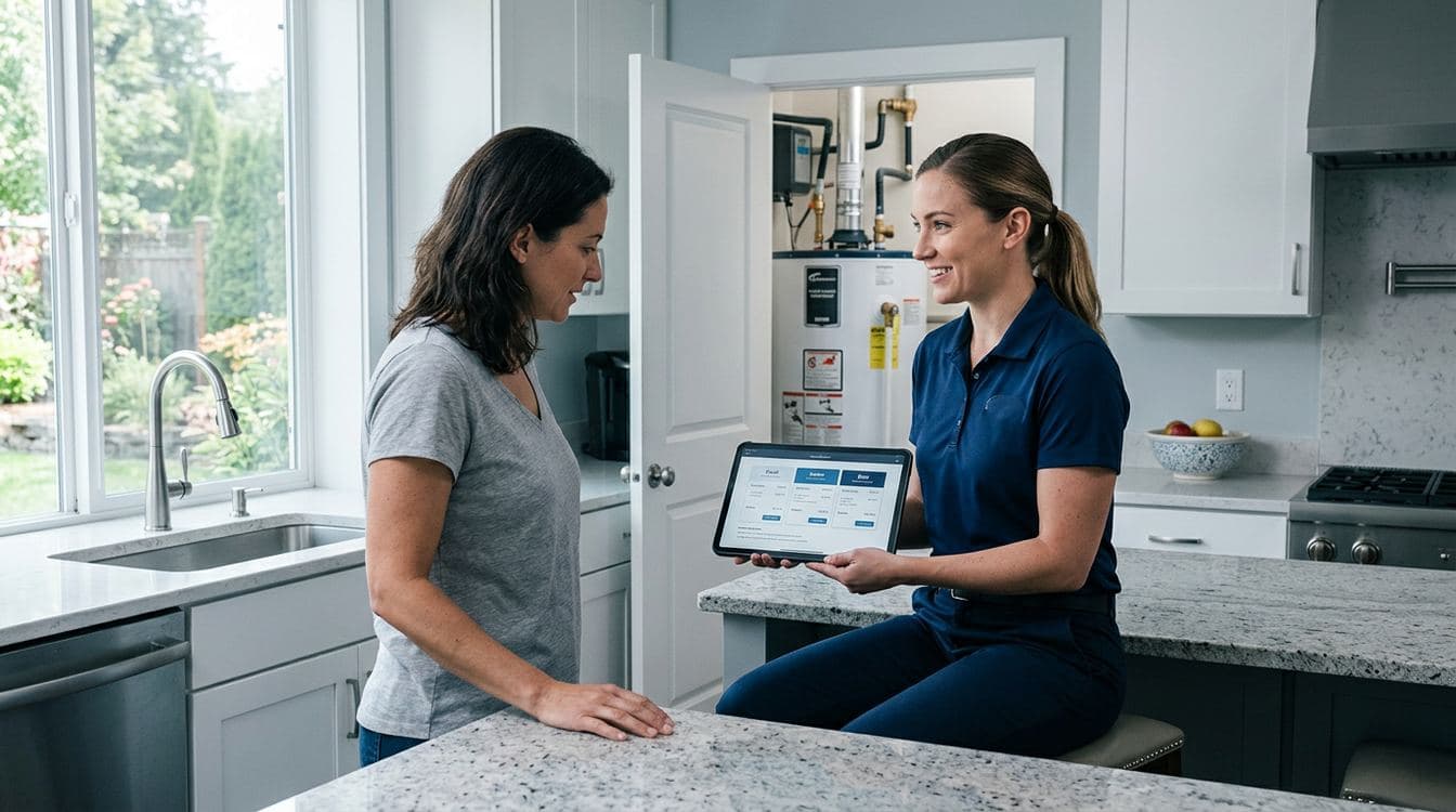 Mid-market plumbing service technician in branded uniform reviewing a Good-Better-Best estimate on a tablet at a homeowner's kitchen counter, with the water heater visible in the utility room behind