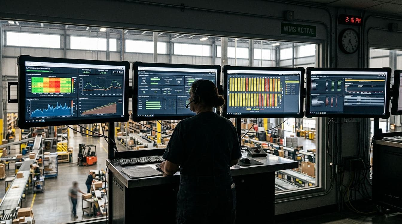 Warehouse control room operator monitoring live wave performance and labor dashboards on multiple screens