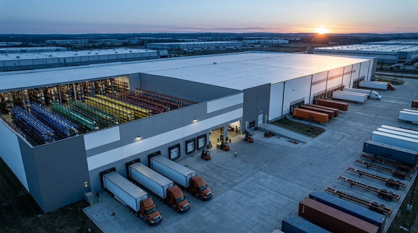 Aerial view of a mid-market third-party logistics distribution center at dawn with multi-client storage zones, loading docks, and yard staging