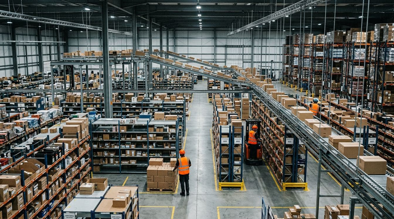 Multi-client distribution center floor with segregated storage zones and overhead carton flow