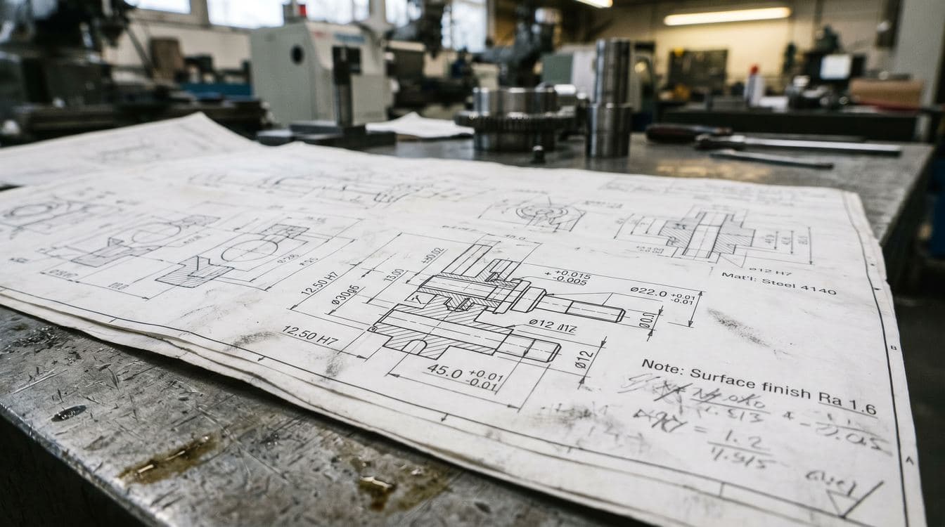Annotated shop drawing with handwritten tolerance notes on a steel surface, shallow depth of field
