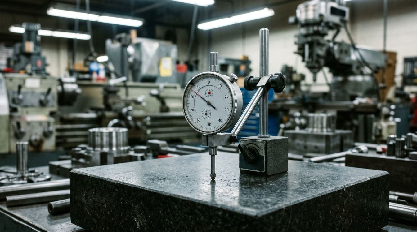 A steel machine dial gauge sitting on a precision surface plate under fluorescent shop lighting, no faces visible