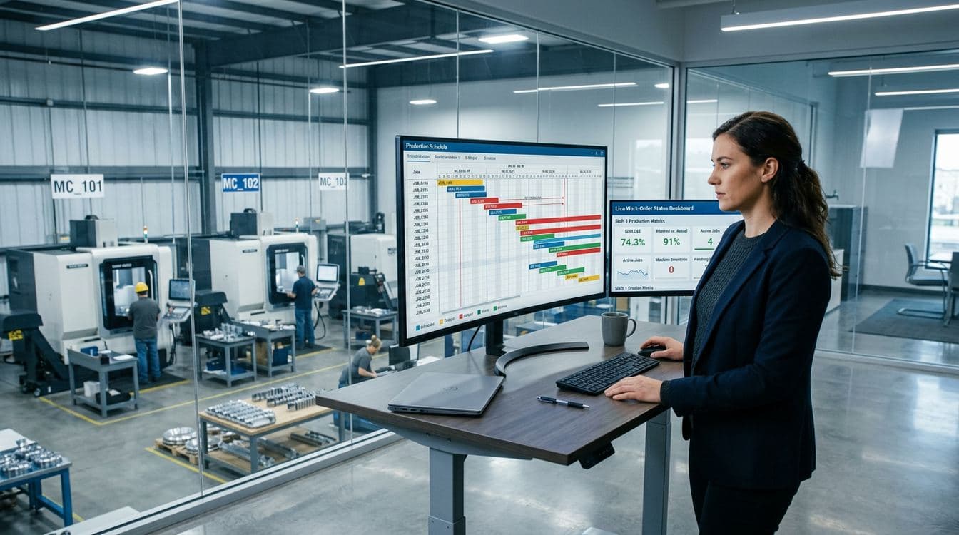 Production planner at a standing desk in a contemporary discrete manufacturing plant office reviewing a Gantt-style production schedule on a large monitor while a second screen shows live work order status, panoramic view through floor-to-ceiling windows onto an active CNC machine shop floor