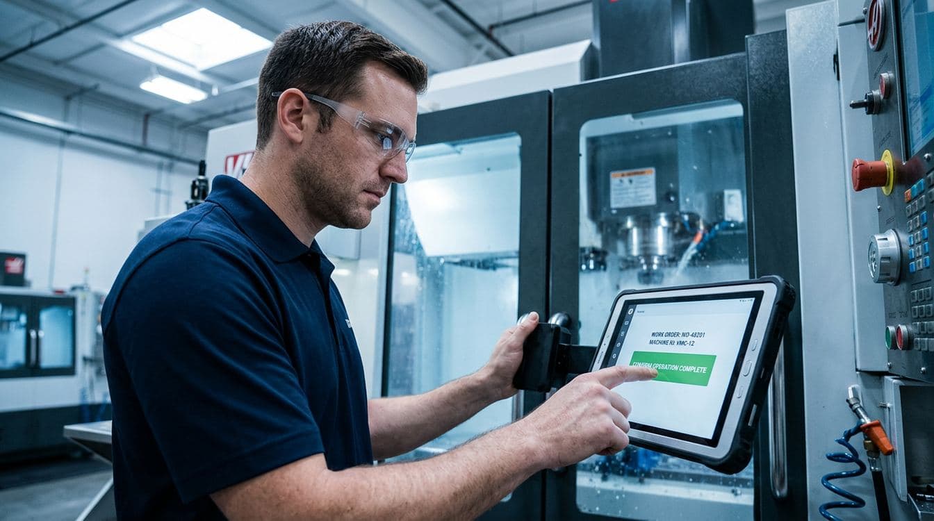 Operator on the discrete manufacturing shop floor confirming a work order completion with a single tap on a ruggedized tablet mounted at a machining work center, cool industrial daylight from overhead skylights, sharp focus throughout
