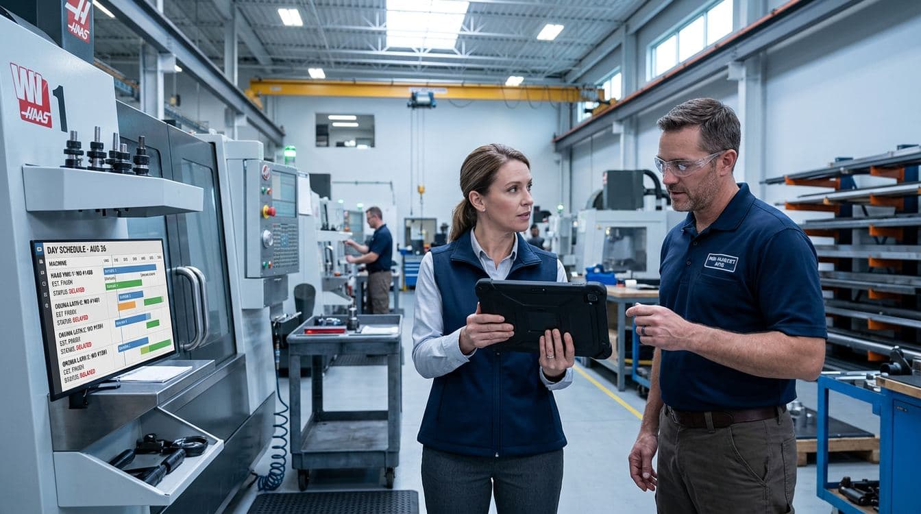 Production planner standing on the discrete manufacturing shop floor next to a vertical machining center while showing the day's updated production schedule on a ruggedized tablet to the machine operator, contemporary American industrial setting with cool blue-grey overhead lighting and sharp focus throughout