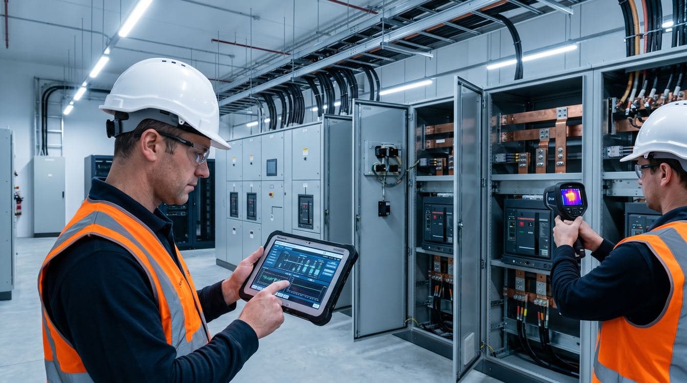 Data center electrical contractor commissioning team checking medium-voltage switchgear lineup and BMS integration during integrated systems testing