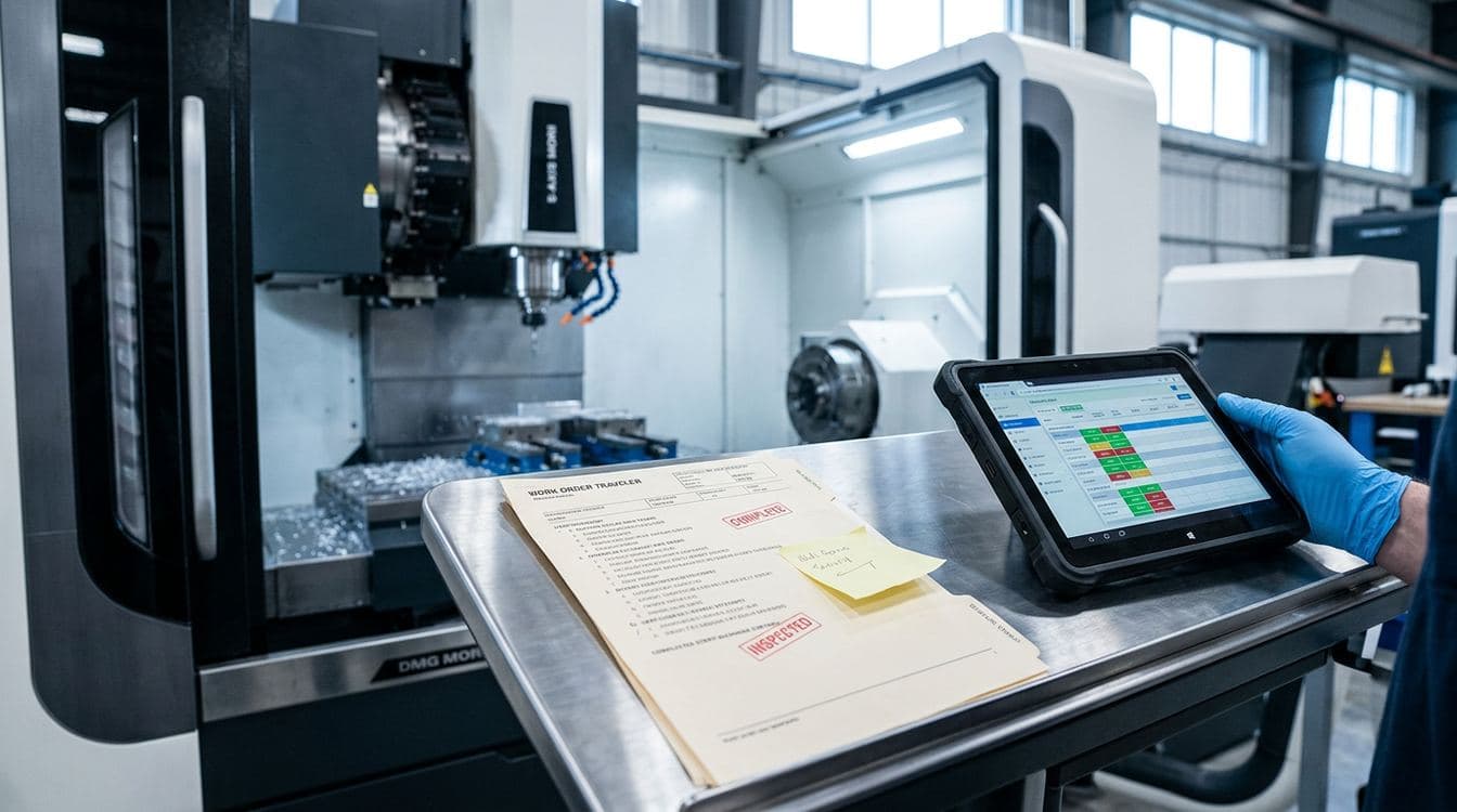 A printed shop traveler with stamped operations and handwritten margin notes resting on a CNC machine console at a mid-market precision machining shop