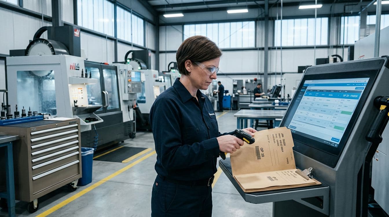 Manufacturing operator scanning a paper traveler barcode at a workstation kiosk in a mid-market specialty manufacturer's shop floor