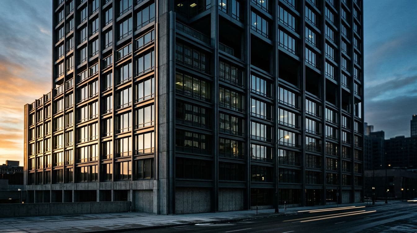 Architectural editorial photograph of a regional commercial bank downtown curtain-wall facade at dawn, cool steel-and-glass palette, dramatic low light catching the geometric grid, sharp focus throughout, in the visual register of Bloomberg Businessweek feature photography