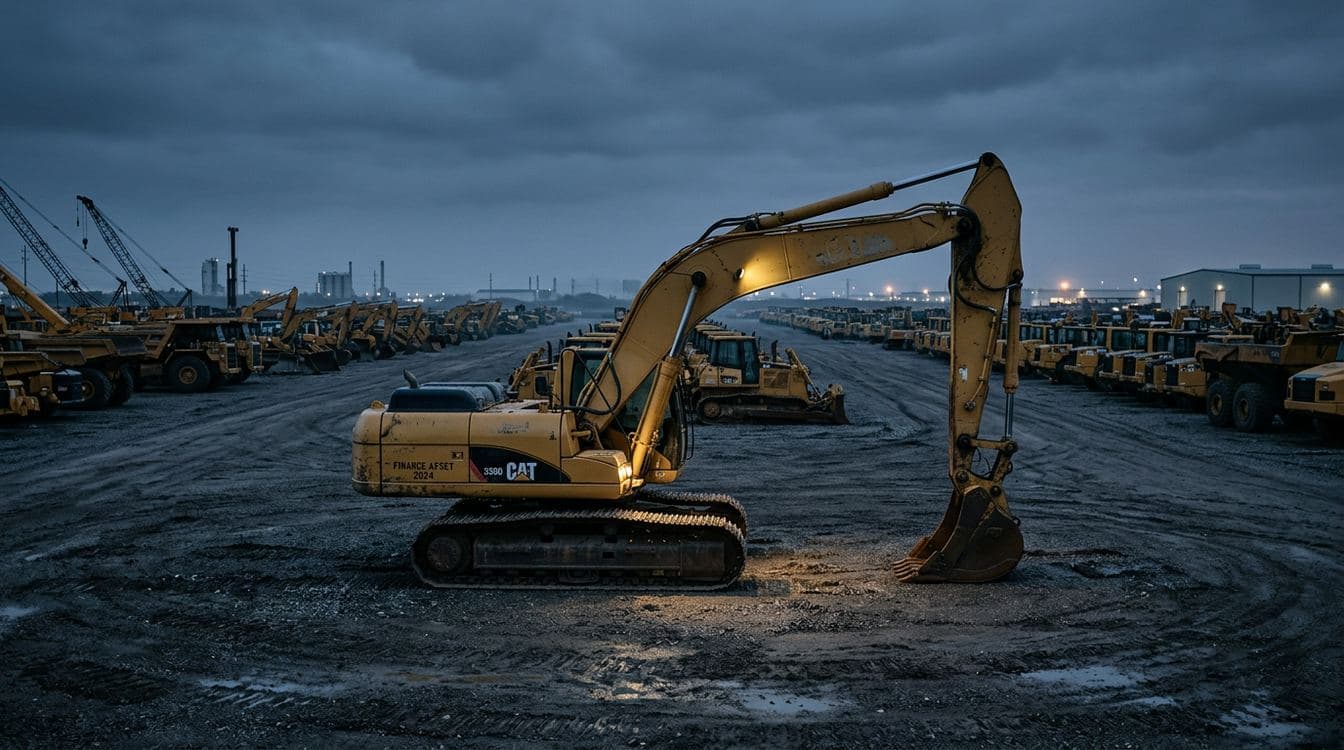 Editorial industrial photograph of a single titled commercial excavator parked at a specialty finance lender collateral yard at dusk, cool blue-grey palette, low side-light, deep depth of field, in the visual register of Edward Burtynsky industrial landscape photography