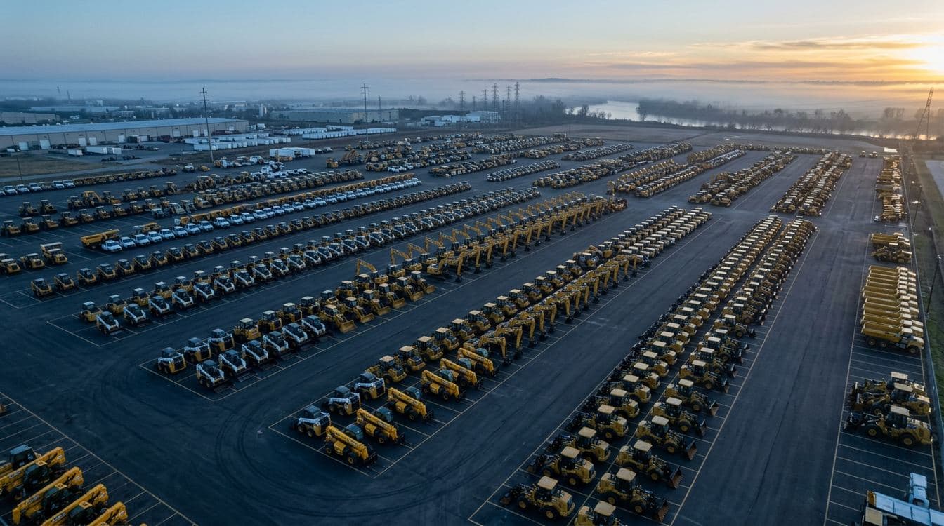 Industrial equipment finance collateral yard at dawn with rows of titled construction equipment lined up at a specialty finance lender facility, editorial industrial photography