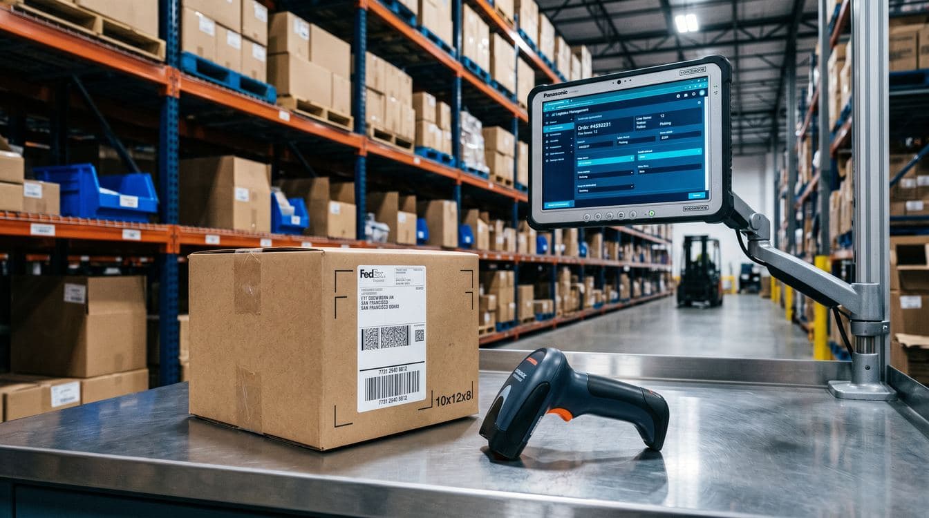 Macro view of a warehouse barcode scanner and packout station at a mid-market distribution center, showing the operational interface where ERP and WMS data meets the physical floor