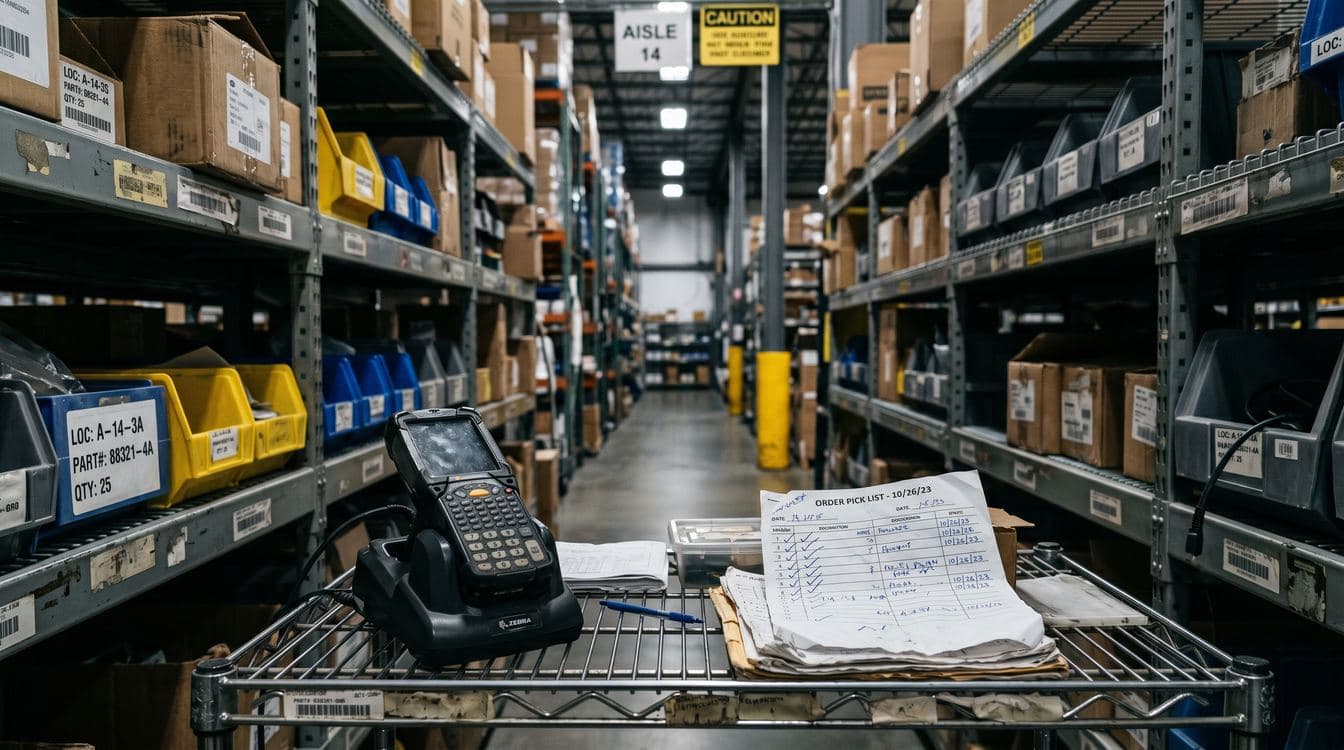 Distribution warehouse aisle with barcode scanner on shelf next to printed pick list showing ERP inventory workaround