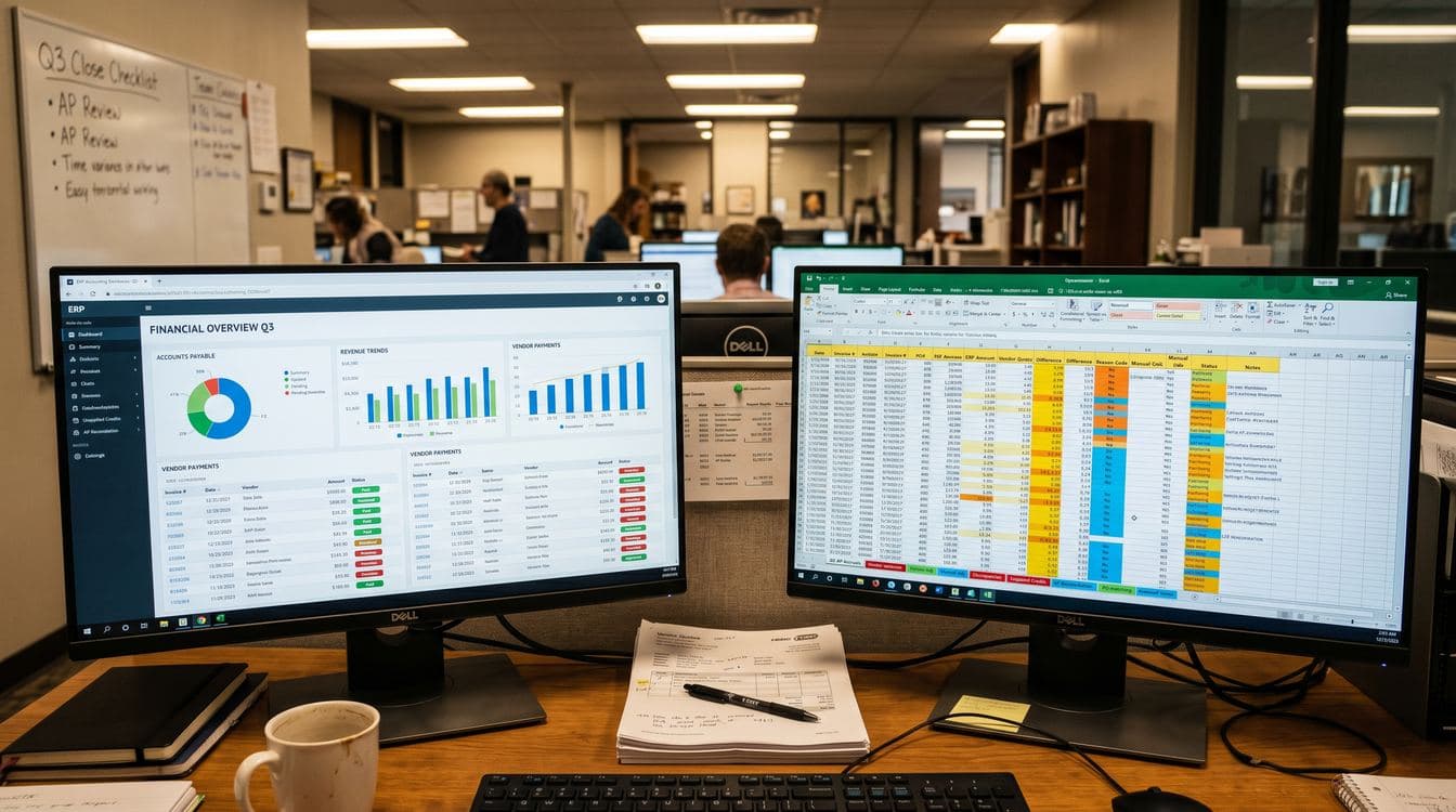 Dual-monitor workstation showing clean ERP accounting dashboard on left screen and chaotic Excel workaround spreadsheet on right screen