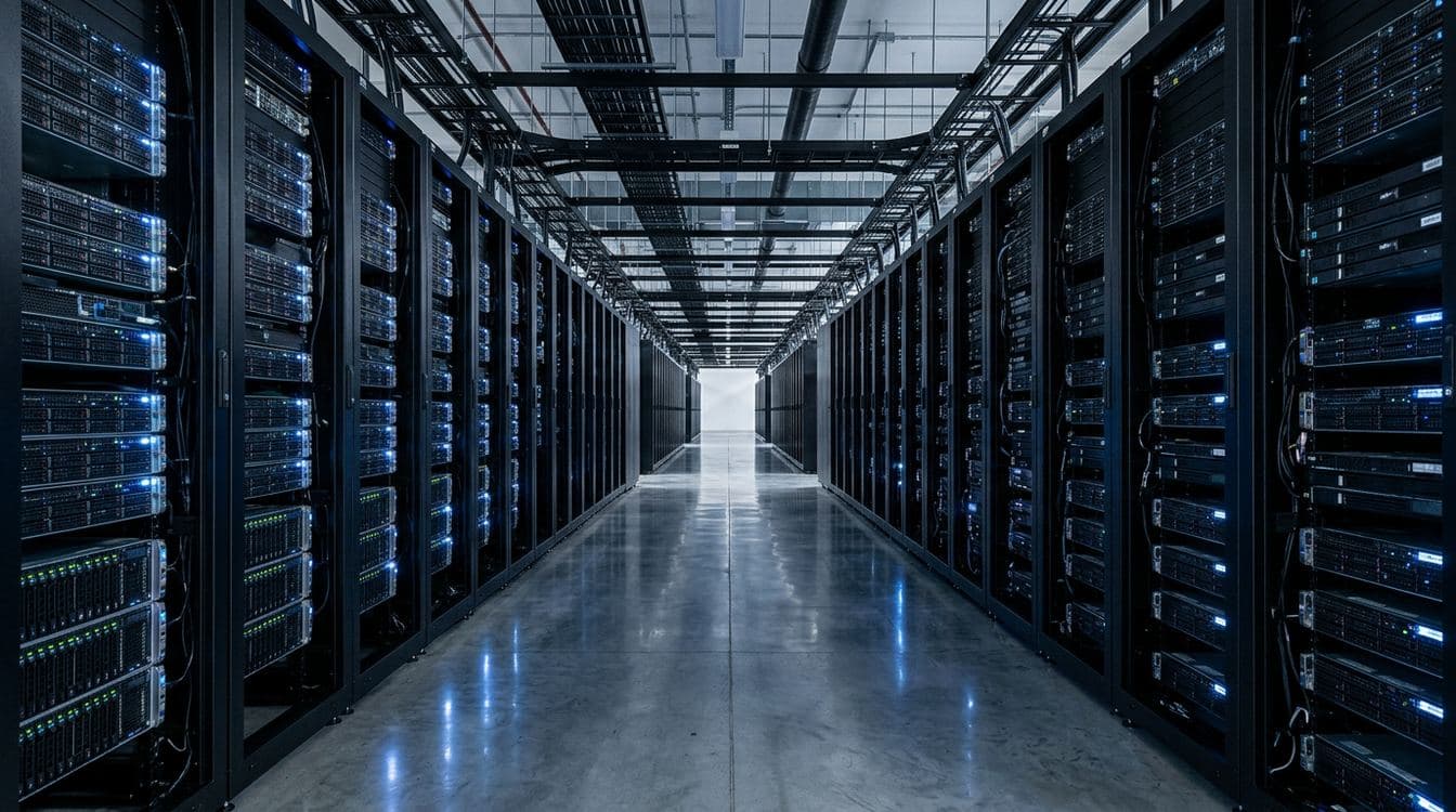 Aerial view of a colocation data center server room with parallel rows of black cabinets receding into perspective, cool blue-grey lighting, illustrating the IT and data-center asset class that mid-market equipment finance platforms have to track