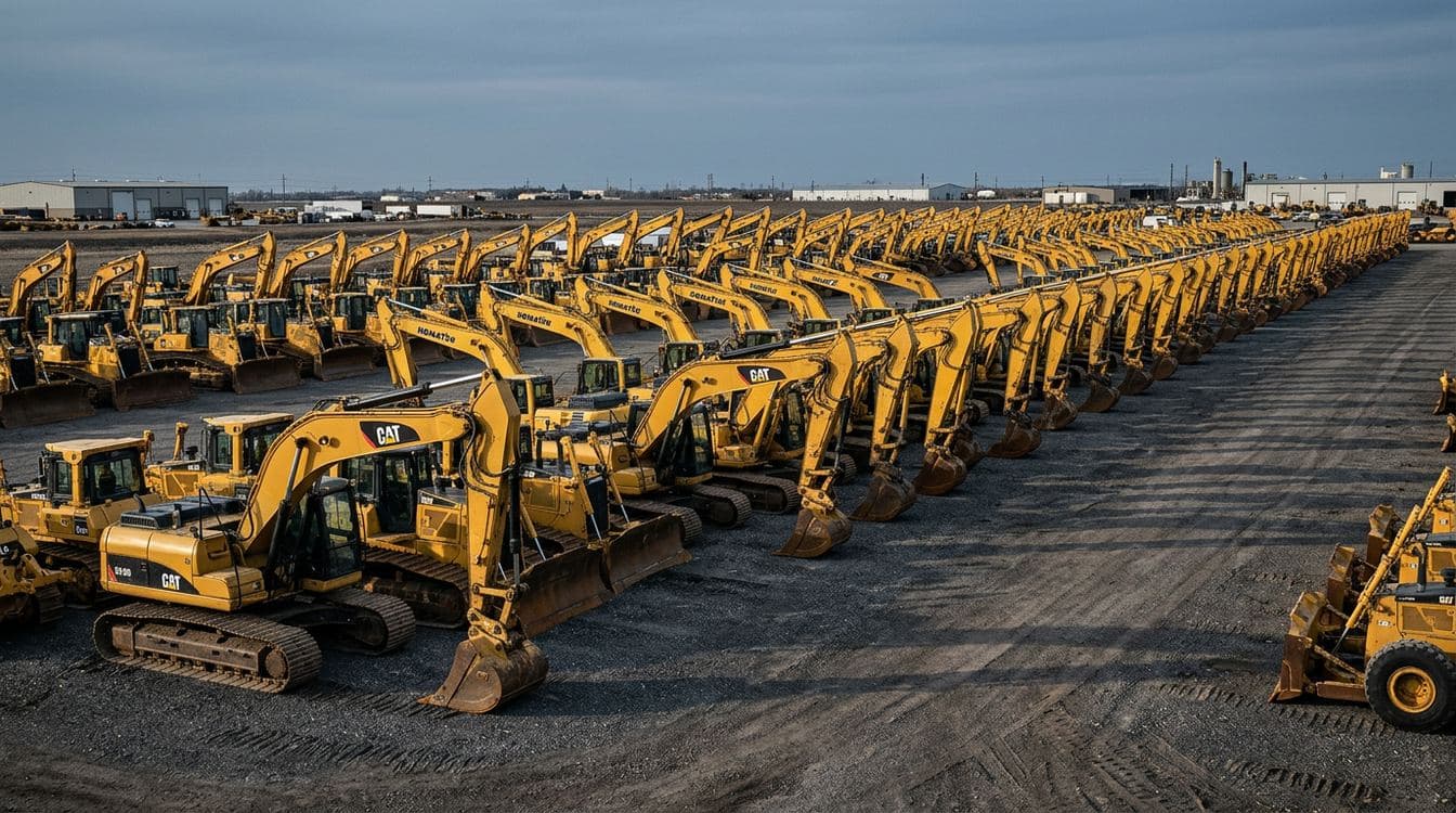 Row of yellow construction excavators and bulldozers staged at a dealer lot under late-afternoon directional light, telephoto compression showing the scale of an equipment finance portfolio
