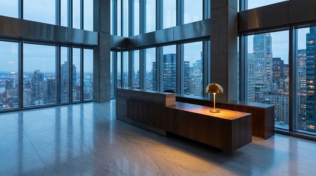 Empty marble-floored law firm reception at dusk with floor-to-ceiling windows facing a cool blue cityscape and a single warm brass lamp on an unattended modernist desk