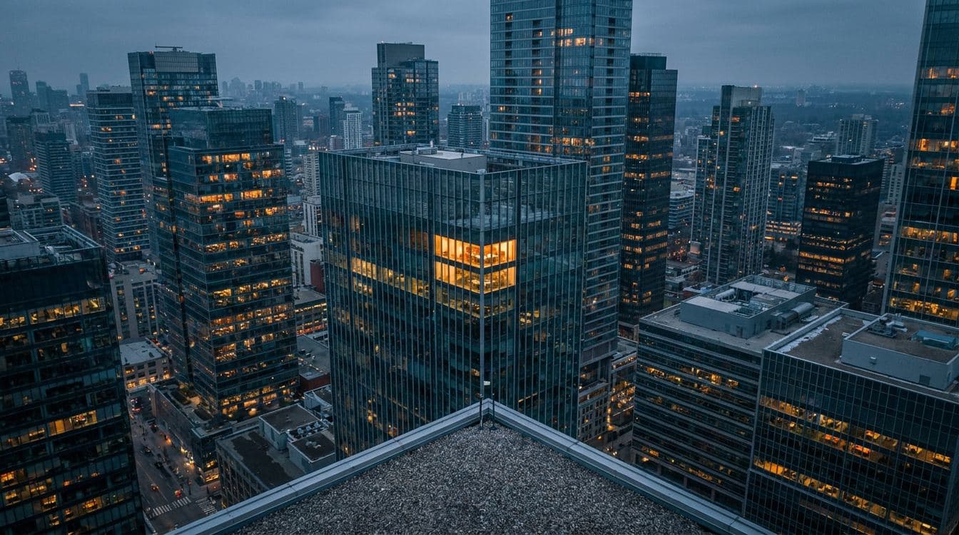 Aerial dusk view of a corporate financial district skyline representing private equity capital flows into mid-market law firm services and legal technology