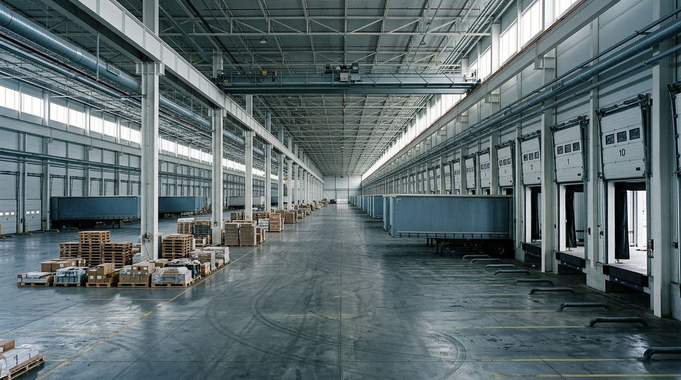 Architectural perspective shot down a distribution facility cross-dock interior with trucks backed into multiple bay doors under cool industrial daylight, illustrating the operational scale PE acquirers underwrite at $50M revenue