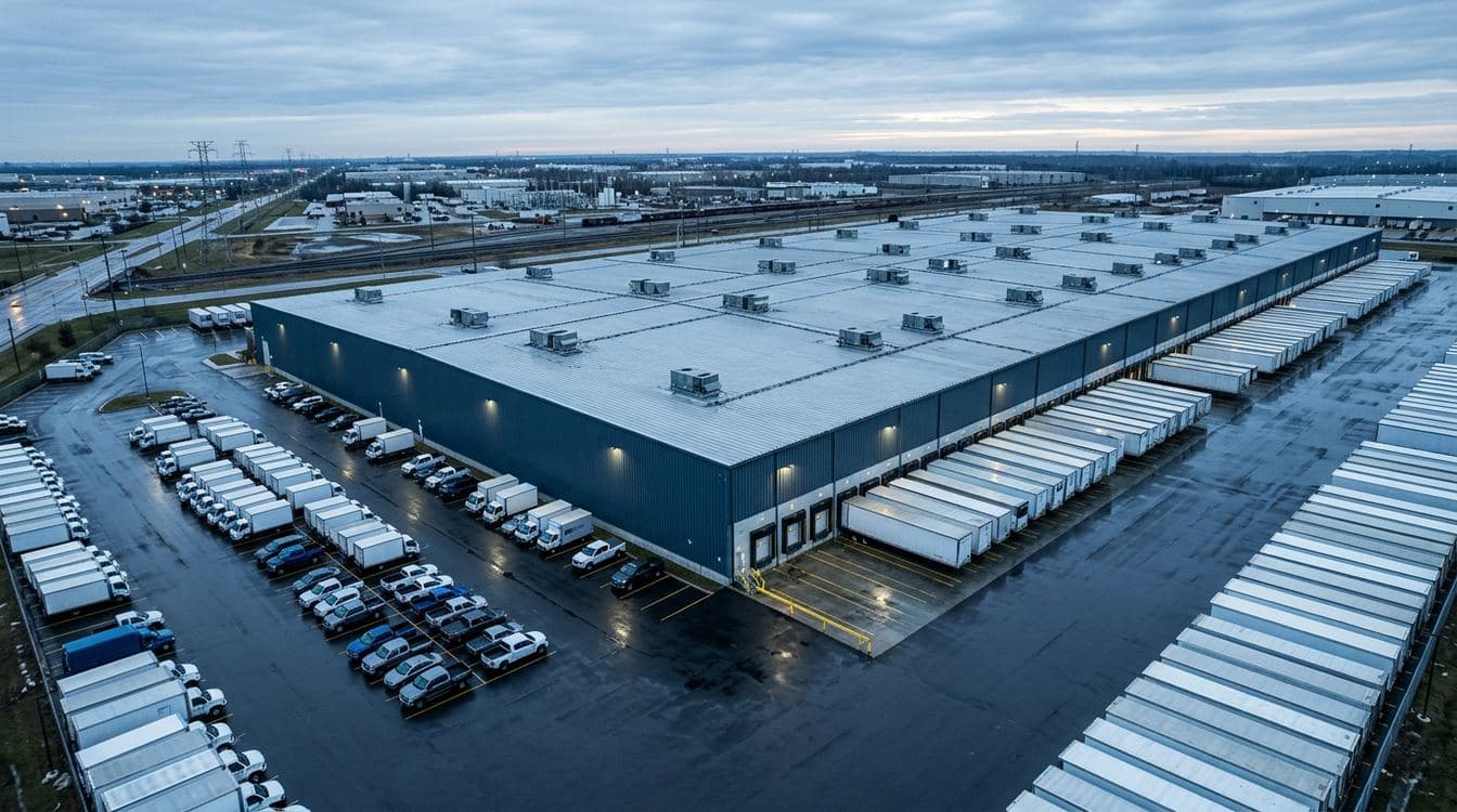 Aerial view of a large industrial distribution facility at dawn with semi trucks backed into loading docks and a fleet parking lot under cool blue-grey light