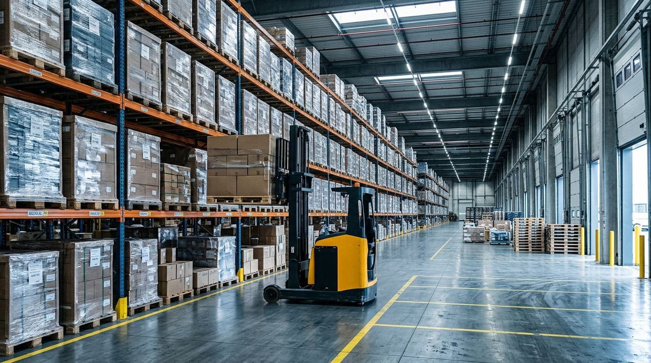 Forklift moving palletized industrial inventory in a high-bay distribution warehouse with sharp side lighting illustrating PE distribution valuation drivers