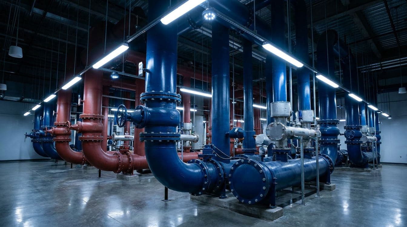 Macro view of large-diameter chilled water piping and primary loop manifolds inside a hyperscale data center mechanical room, showing the scale of HVAC infrastructure that drives mid-market contractor valuations