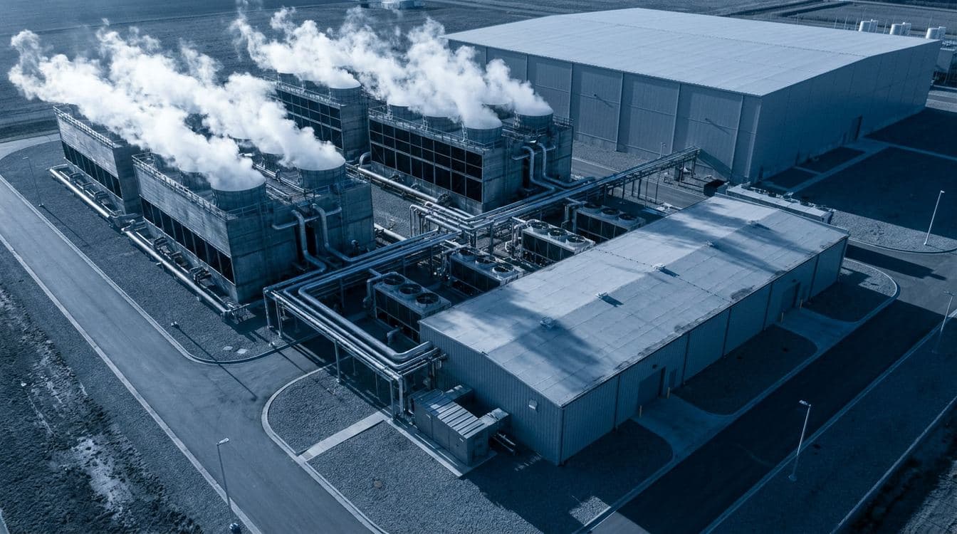 Aerial view of hyperscale data center campus mechanical infrastructure at dawn showing cooling towers and chilled water plant adjacent to server hall
