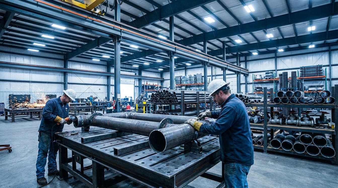 Mechanical contractor's prefab assembly floor with workers fabricating modular pipe spools on jig tables, illustrating the off-site capacity that drives data center bid wins for mid-market HVAC shops