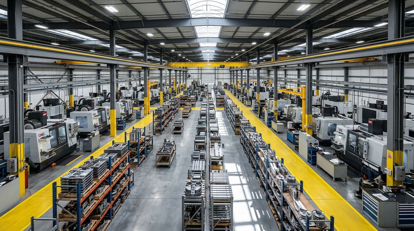 Editorial overhead view of a discrete manufacturing facility showing multiple production cells, racking systems, and overhead crane lanes for multi-site ERP visibility