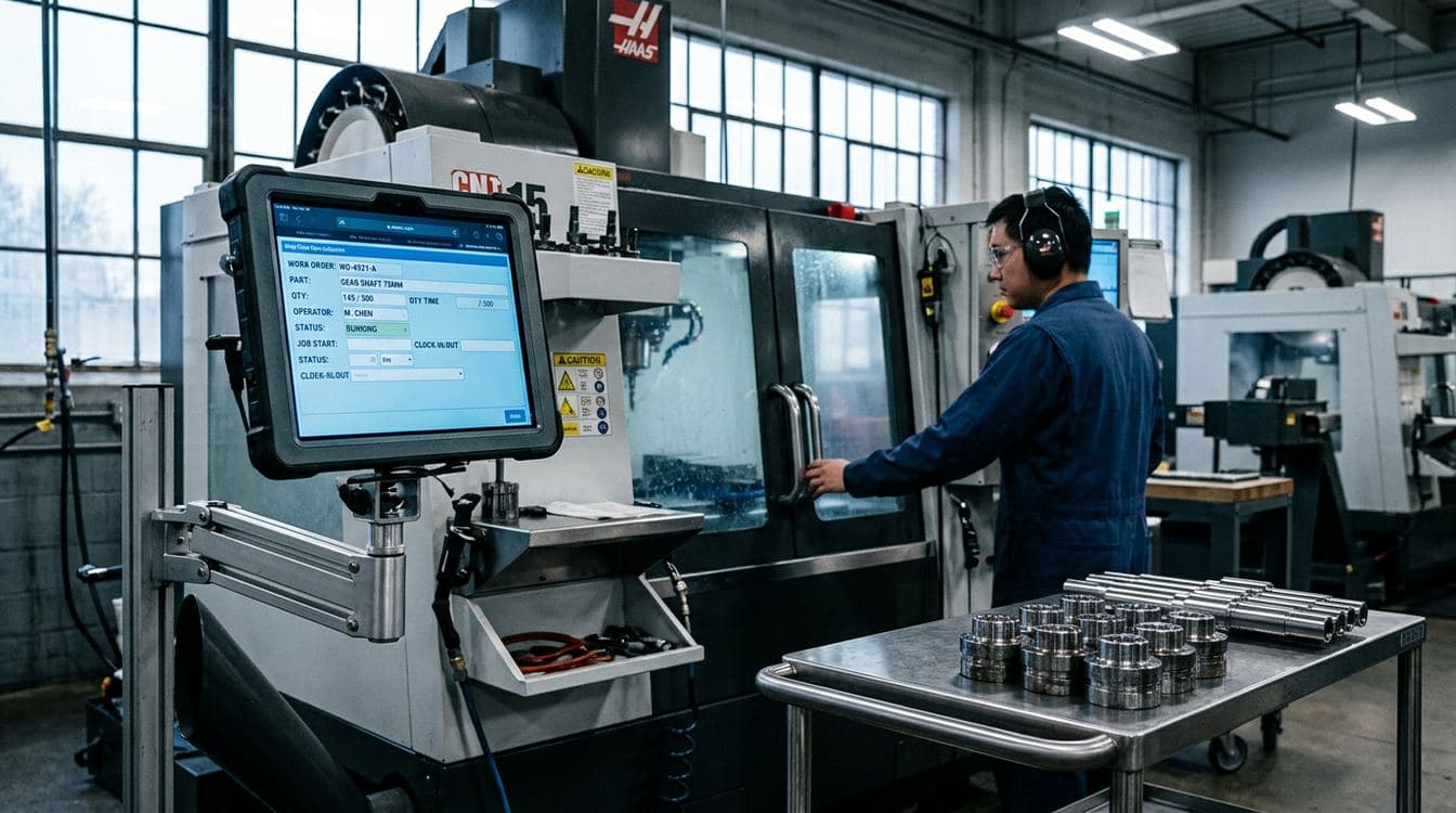 Editorial photojournalism shot of a modern manufacturing plant floor with CNC machines and a tablet-mounted work order station in foreground for ERP shop floor data collection