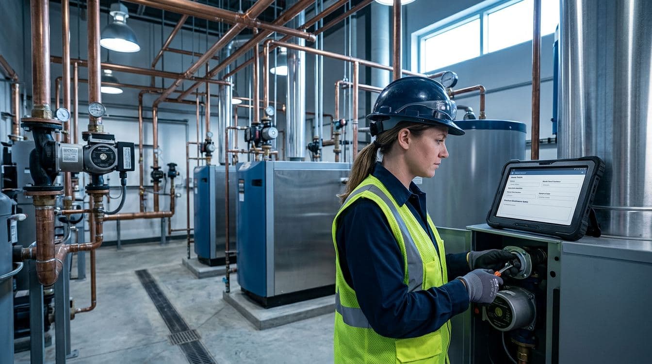 Commercial plumbing service technician in PPE working on an industrial water heater system in a mechanical room, holding a ruggedized tablet showing a structured service history form, illustrating commercial-grade service tooling that supports first-time fix rate