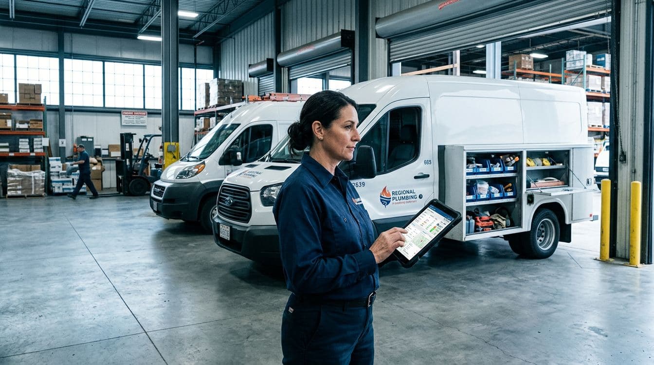 Senior service operations manager at a commercial plumbing contractor's truck-loading bay reviewing a dispatch dashboard on a ruggedized tablet, with service trucks parked behind her and parts bins visible