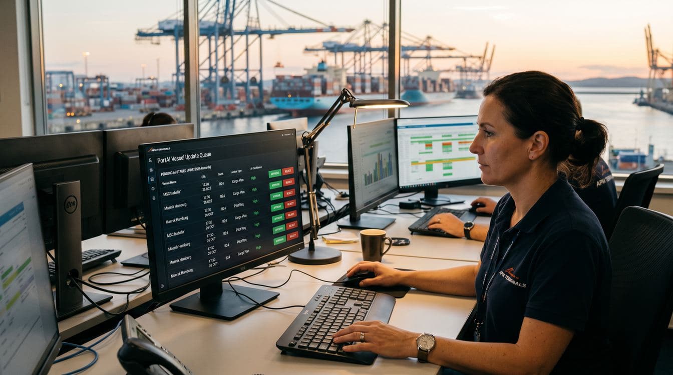 Port dispatcher reviewing staged vessel updates on a monitor with Tampa Bay harbor in the background