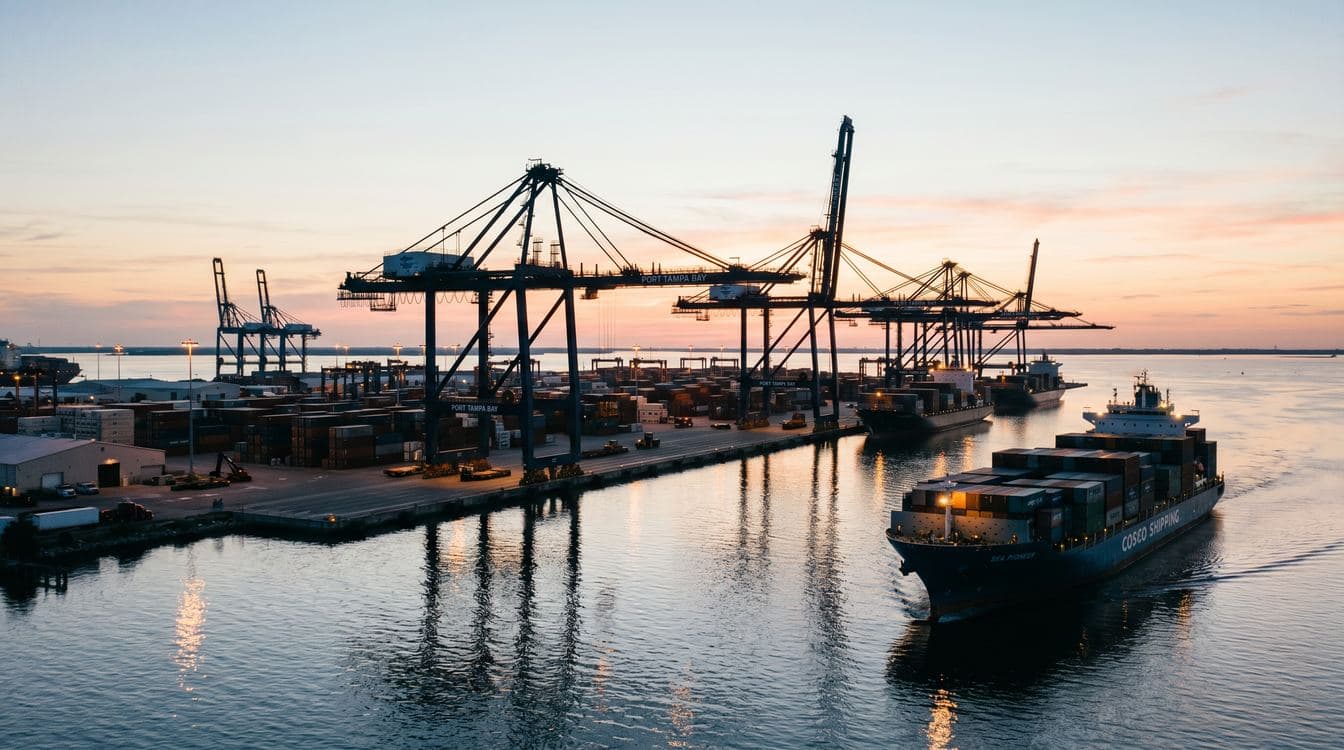 Tampa Bay port at dawn with container cranes and a dispatcher reviewing vessel notifications on a dual monitor workstation