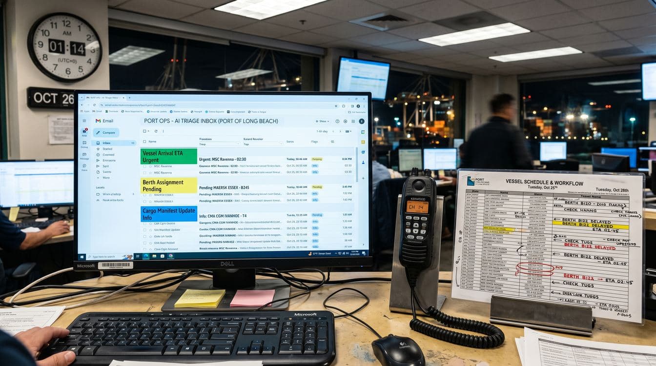 AI email triage agent workflow diagram showing inbox routing to structured vessel records