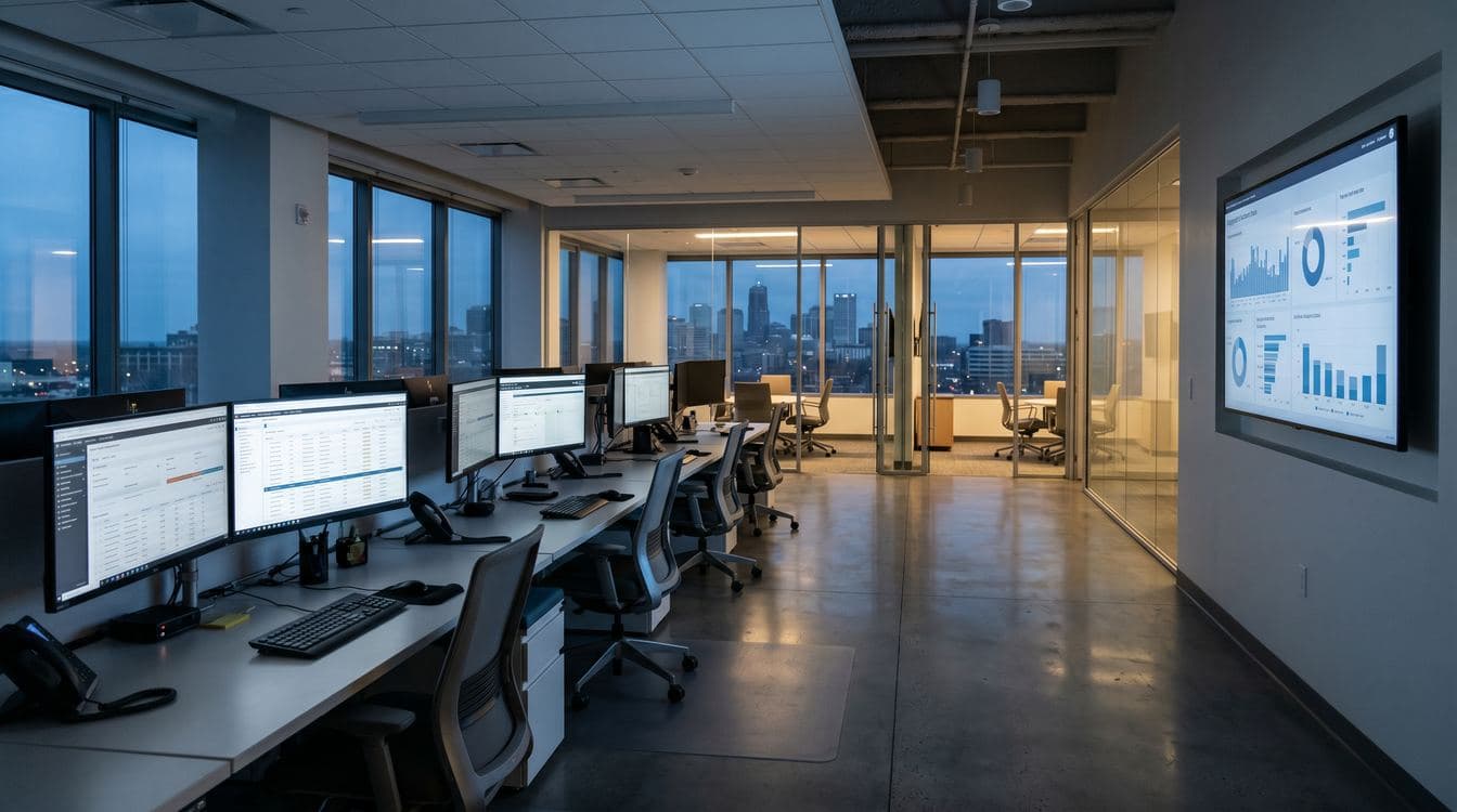 Modern mid-market law firm operations floor at dawn with open workstations, dual monitors showing matter management dashboards, and glass-walled conference rooms