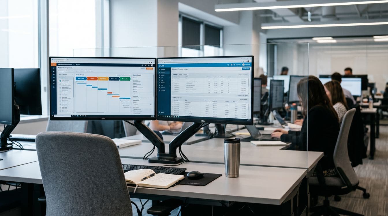 Mid-market law firm operations workstation with dual monitors displaying matter management dashboard and billing software