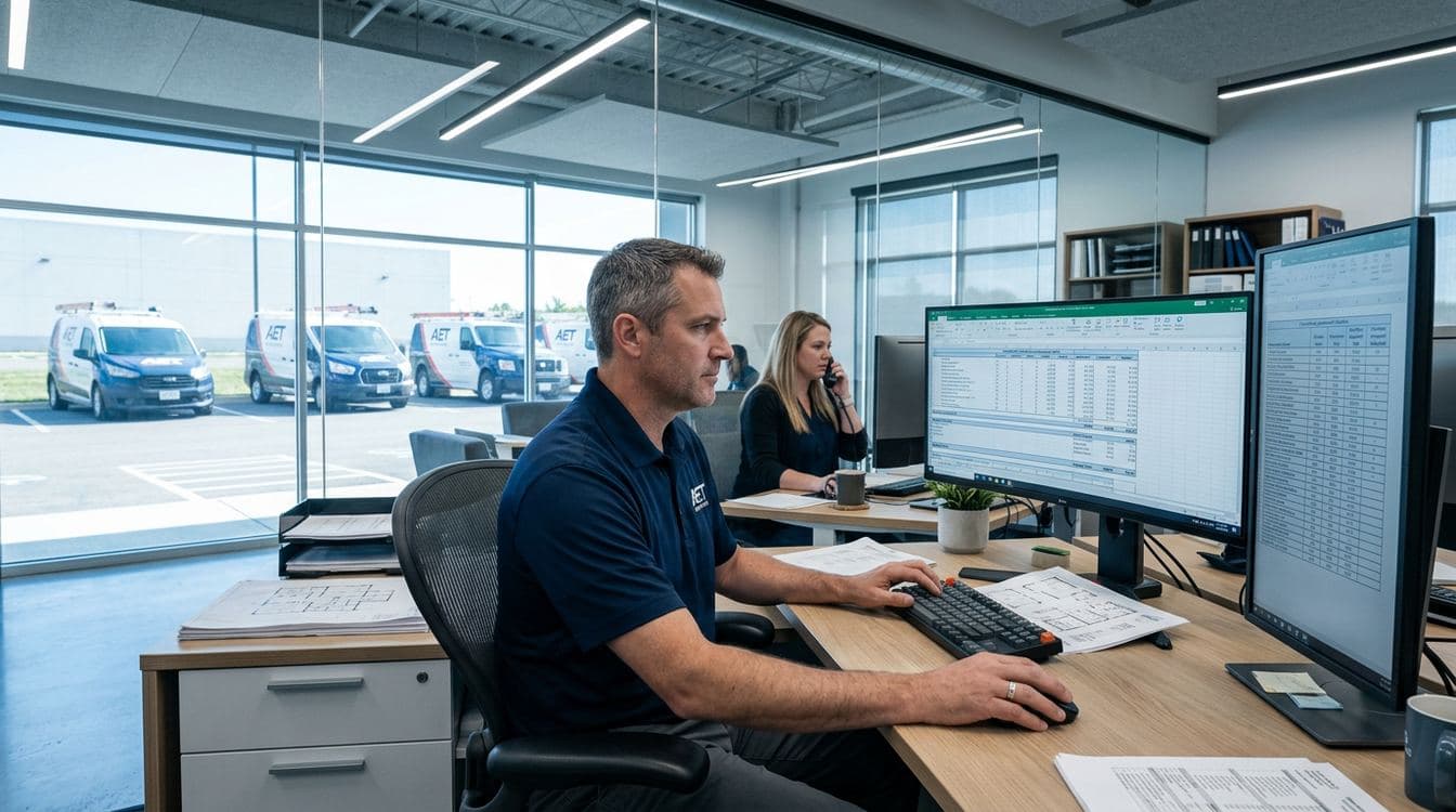 Senior estimator at a mid-market HVAC contractor reviewing commercial service agreement pricing model on dual monitors with equipment inventory schedule on screen