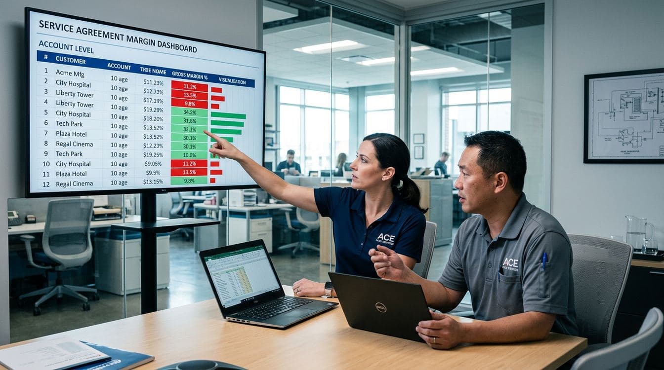 Operations director and senior estimator at a mid-market HVAC contractor reviewing commercial service agreement margin dashboard with account-level cost data on laptop