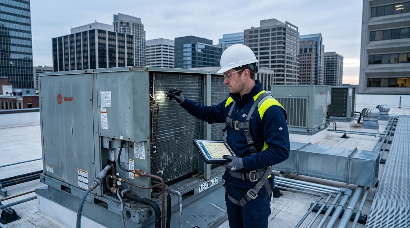 HVAC technician on a commercial building rooftop inspecting a rooftop unit with a tablet showing the preventive maintenance checklist and equipment condition data