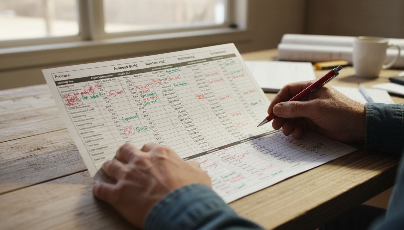 Hands reviewing a printed software comparison spreadsheet with handwritten notes and circled cost figures