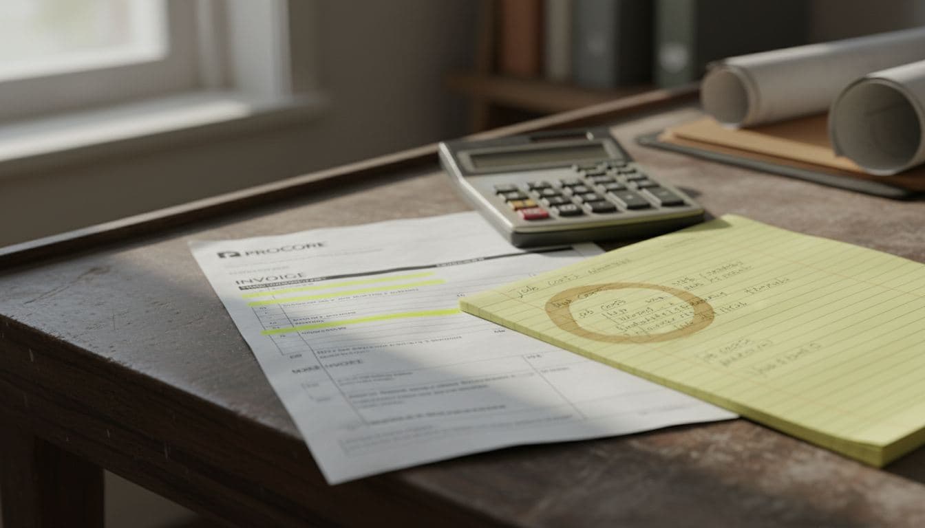 Printed contractor software invoice next to handwritten job cost notes on a weathered desk