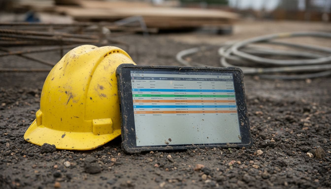 Project management software dashboard on a tablet at a muddy job site, hard hat visible in the background
