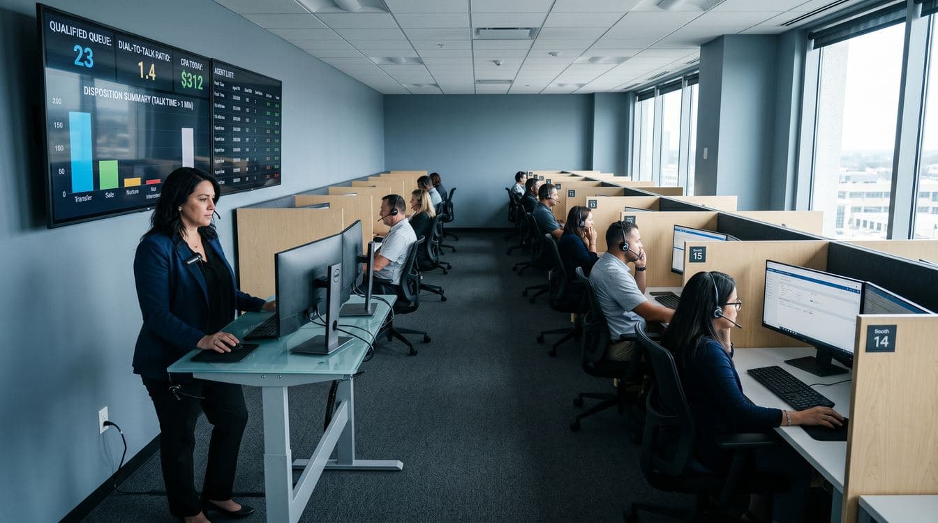 Final-expense insurance call center floor at mid-morning: floor manager at a supervisor station with a wall-mounted real-time queue dashboard, licensed closers at modern booths with headsets behind her