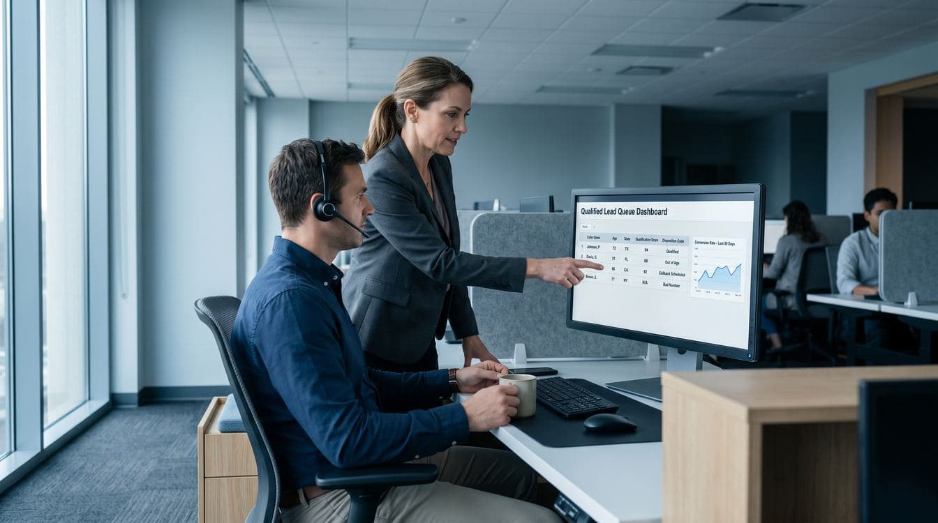 Final expense call center floor manager and licensed closer reviewing the day's qualified lead queue on a dashboard showing disposition codes and conversion metrics